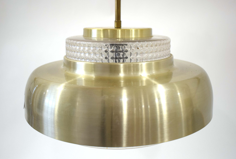 A 1970's brass coloured ceiling light with a moulded glass inner shade CONDITION REPORT: - Image 2 of 2