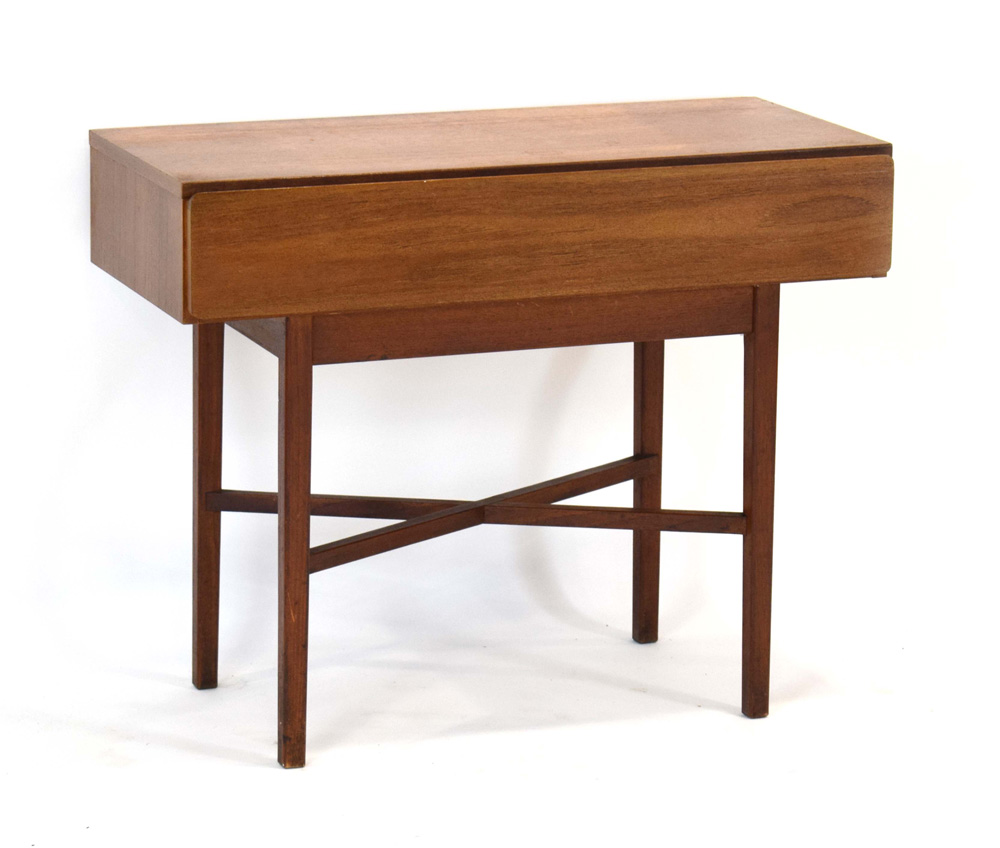 A 1970's teak console table with a single drawer, on square legs joined by a cross stretcher, w.