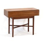 A 1970's teak console table with a single drawer, on square legs joined by a cross stretcher, w.