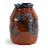 A 1960/70's studio pottery vase, the terracotta ground decorated with two fish, h.