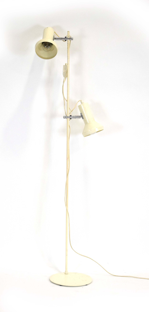 A 1970's white enamelled twin spot standard lamp CONDITION REPORT: Leads cut,