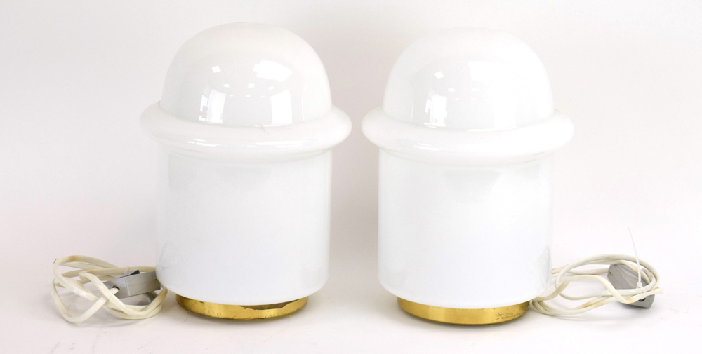 A pair of 1970's Czech brass and opaline glass lamps, h.