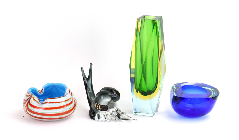 A Murano glass snail together with two Italian glass dishes and an angular vase CONDITION