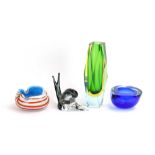 A Murano glass snail together with two Italian glass dishes and an angular vase CONDITION