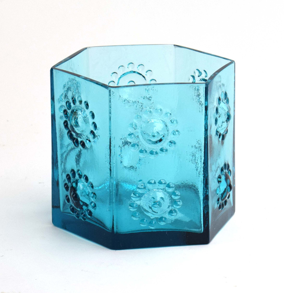 Frank Thrower for Dartington, an FT104 blue glass 'Nipple' vase of hexagonal form, h.