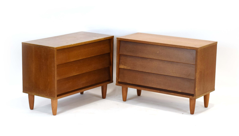 A pair of 1970's teak three-drawer chests, on later circular legs, w. - Image 2 of 4