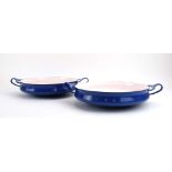 A pair of 1960/70's Quistgaard Dansk Designs IHQ blue enamelled serving dishes with cooling handles,