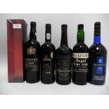5 bottles, 1x Taylor Fladgate 1996 Late Bottled Vintage Port with box, 1x Calem 2000 LBV Port,