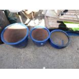 3 blue ceramic garden pots