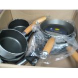 Box of various pans incl. milk pan, frying pan, etc.