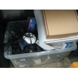 Box of electricals incl. cameras, sockets, power adapter, etc.