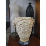 Black vase with twin handled carved stoneware vase and jewellery display stand