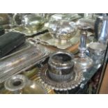 Shelf of silver plated ware and other metalwares incl. tureens, candle stick, etc.