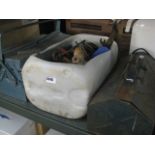 2 metal toolboxes and tub of hand tools