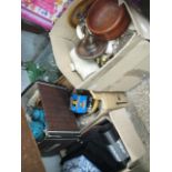 5 boxes of mixed ceramics and housewares incl. glasses, wooden bowls, jewellery box, etc.