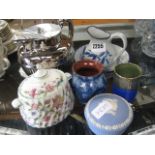 Burslem chrome effect teapot, Minton floral pot, Wedgewood blue and white pot and another small