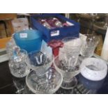 Quantity of cut glass, goblets, dishes, red vase, etc.