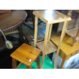 Light oak plant stand with small pine stool