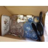 Box containing glassware, dressing table ceramics and 2 hand mirrors