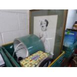 (2274) Tray with framed and glazed pastel picture of dog, light shades and tins