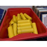 (2310) Box containing yellow wooden barrel shape boxes