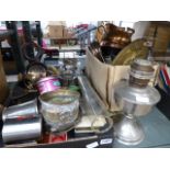 Half shelf of metalwares, lamps, coal scuttles, cruet sets, etc.