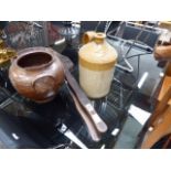 Long arm bellows, stoneware flagon and stoneware pot
