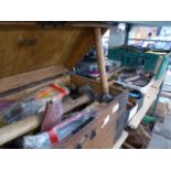 Shelf of assorted old hand tools incl. planes, blow torches, hammers, mallets, cabinets, etc.