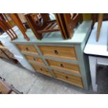 Green painted and natural pine chest of 6 drawers