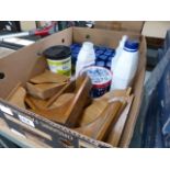 Box of paint tester pots and small wooden shelf brackets