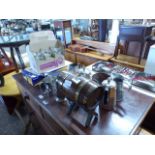 Table top of assorted metalwares incl. tankards, barrels, teapots and some glassware