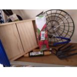2 garden hand forks, pair of tongs, garden mesh net, insect house and hanging basket frame