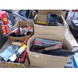 4 boxes of assorted garage and shed related items incl. hand tools, gardening tools, etc.