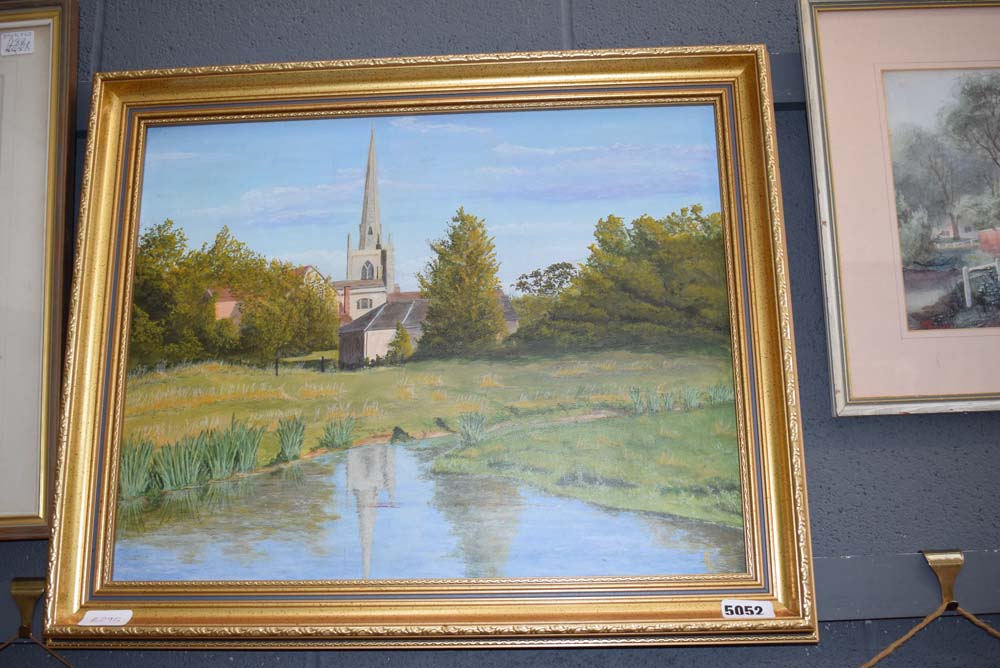 Modern oil on canvas of a church spire