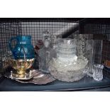 Cage containing glassware inc. pudding bowls, vases and decanter plus silver plate