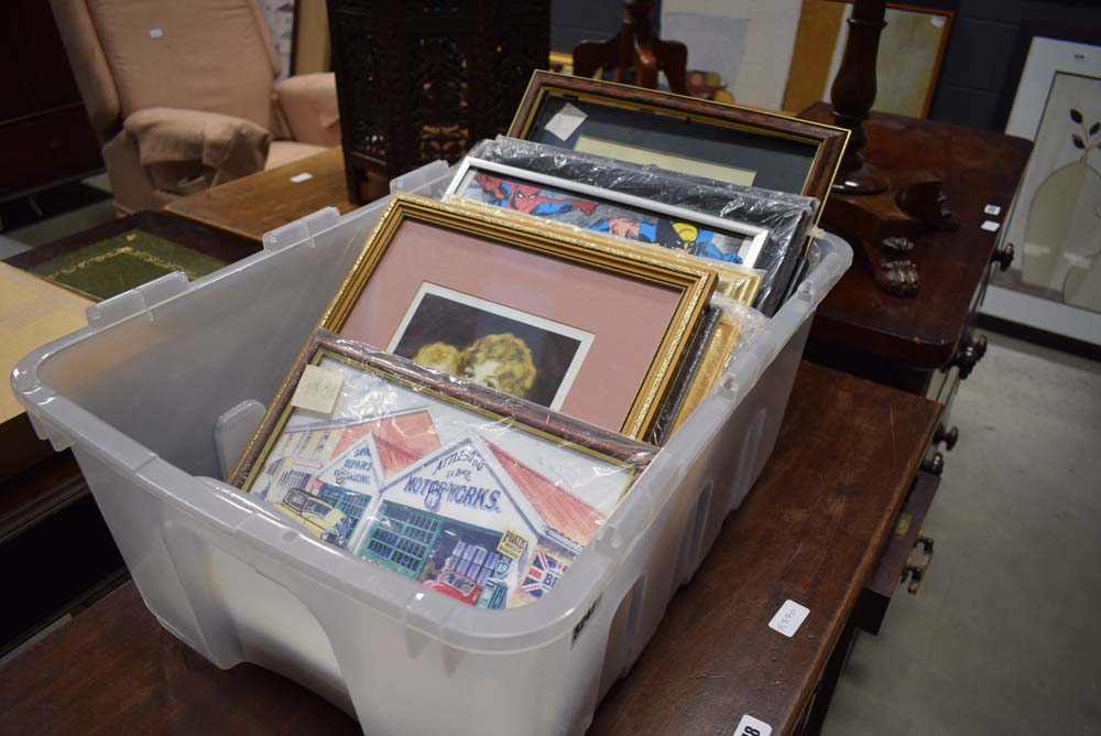 5221 Box containing quantity of prints inc. horses in stable, spy prints, Marvel comic prints,