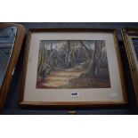 Framed and glazed watercolour, path in woodland, by JE Whinnerah