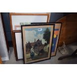 Stack of prints to include Dutch scene with ladies, the sea shore, farm buildings with windmill,