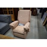 Posturite 'Multimode' electric slumber/recliner armchair in oatmeal coloured fabric with remote