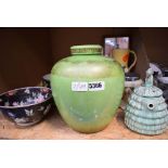 Green glazed ginger jar, Oriental bowls plus novelty teapot, biscuit barrel and vases