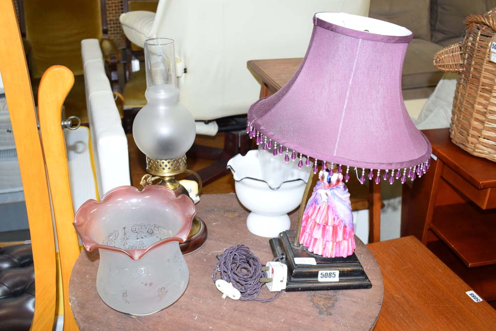 Table lamp with a Royal Doulton style figural base along with an electrified oil lamp and various