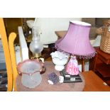 Table lamp with a Royal Doulton style figural base along with an electrified oil lamp and various