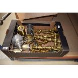 Box containing brass candlesticks, silver plated and pewter mugs including a Falstaff example etc.