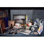 Cage containing loose cutlery, costume jewellery, coloured glass vase, ornamental figure of dog,