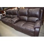 Chocolate brown leather effect 3 seater reclining sofa plus a matching 2 seater