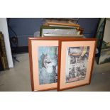Box containing quantity of coastal, urban and rural prints plus mirror in metal frame