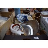 Box containing stainless steel and silver plated bowls, blue and white plate, milk jug, Cornish ware