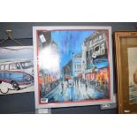 Modern picture of a busy street scene together with a wall hanging of a camper van