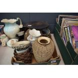 Box containing plant pots and glass bottles