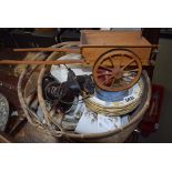 Wicker basket with a cine camera and a quantity of household crockery plus a dray horse and cart